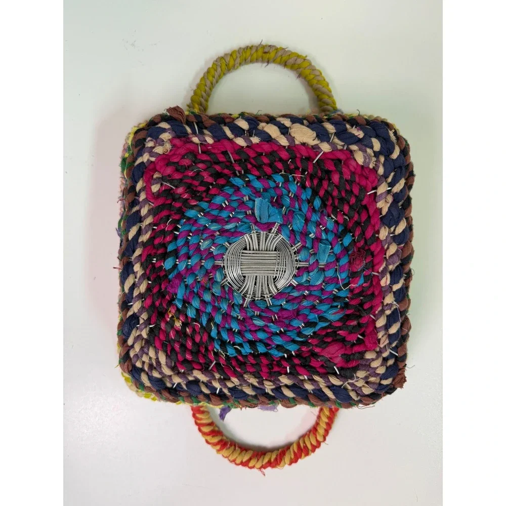 Handmade Multi Color Woven Fabric Wire Square Basket with Handles Boho Folk Art